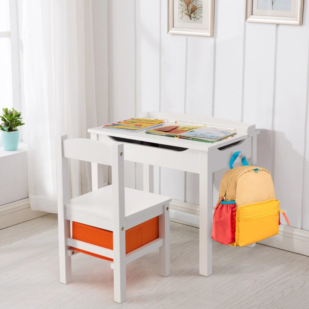 Set tavolo e sedia per bambini in legno massello, Scrivania ribaltabile con sedia per stanza giochi asilo Bianco-Tavoli e sedie