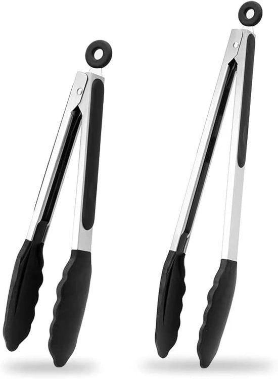 Due set di clip da cucina neri, realizzati in silicone di alta qualità, acciaio inossidabile non aderente, clip per cibo bloccabili, adatti alla cottura alla griglia, 23 cm - 30 cm.