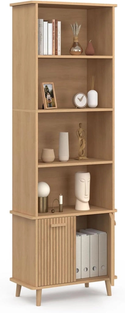 Libreria a 4 livelli con armadio JULIETTE a doghe colore rovere