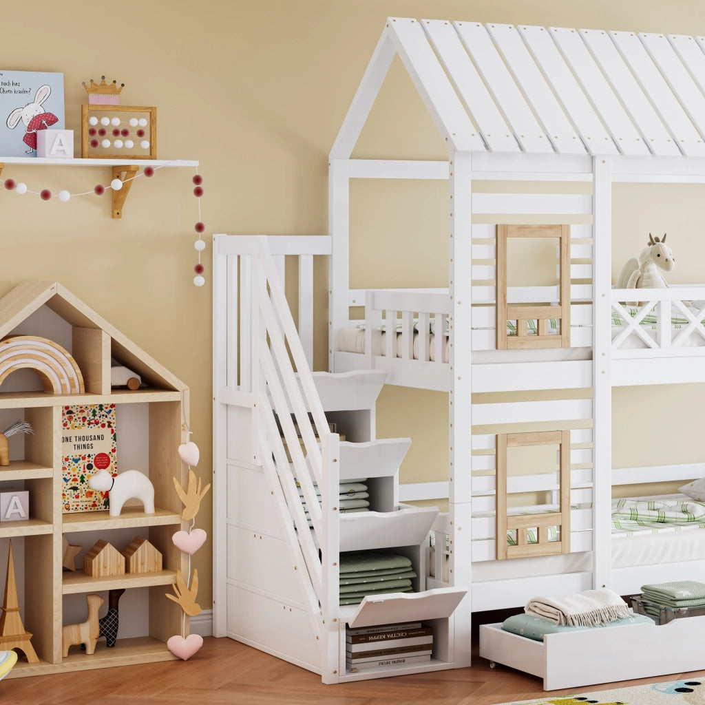 Letto a Castello 90x200 cm; Letto per Bambini - Finestre; 2 Cassetti; Scala 4 Scomparti
