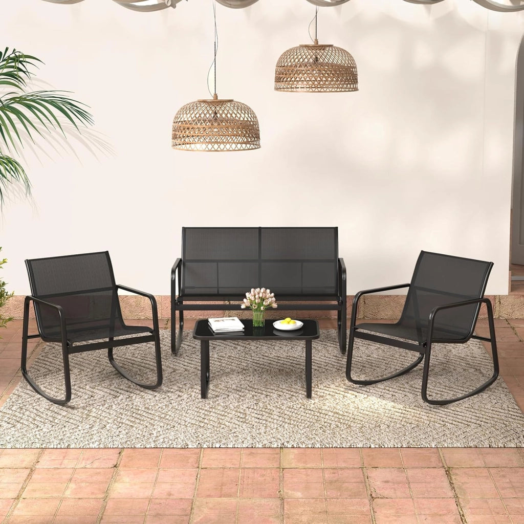 Set di 4 giardino con tavolino da salotto e panca mobile e 2 sedie a dondolo, mobili da balcone in textilene con delicato movimento a dondolo, per 4 persone