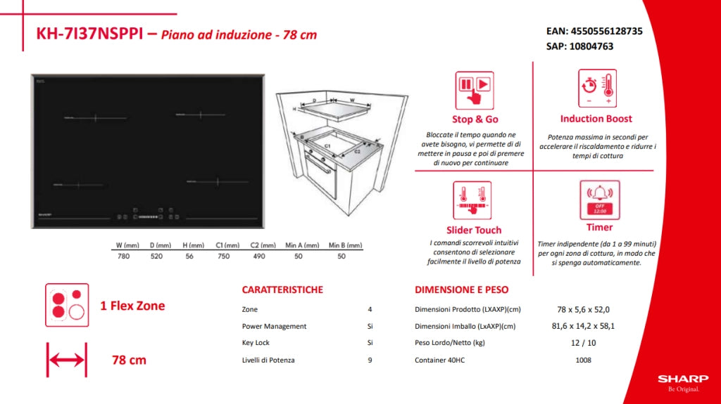 Sharp kh-7i37nsppi piano cottura a induzione, 78cm, nero, 4 zone di cottura, 9 livelli di potenza