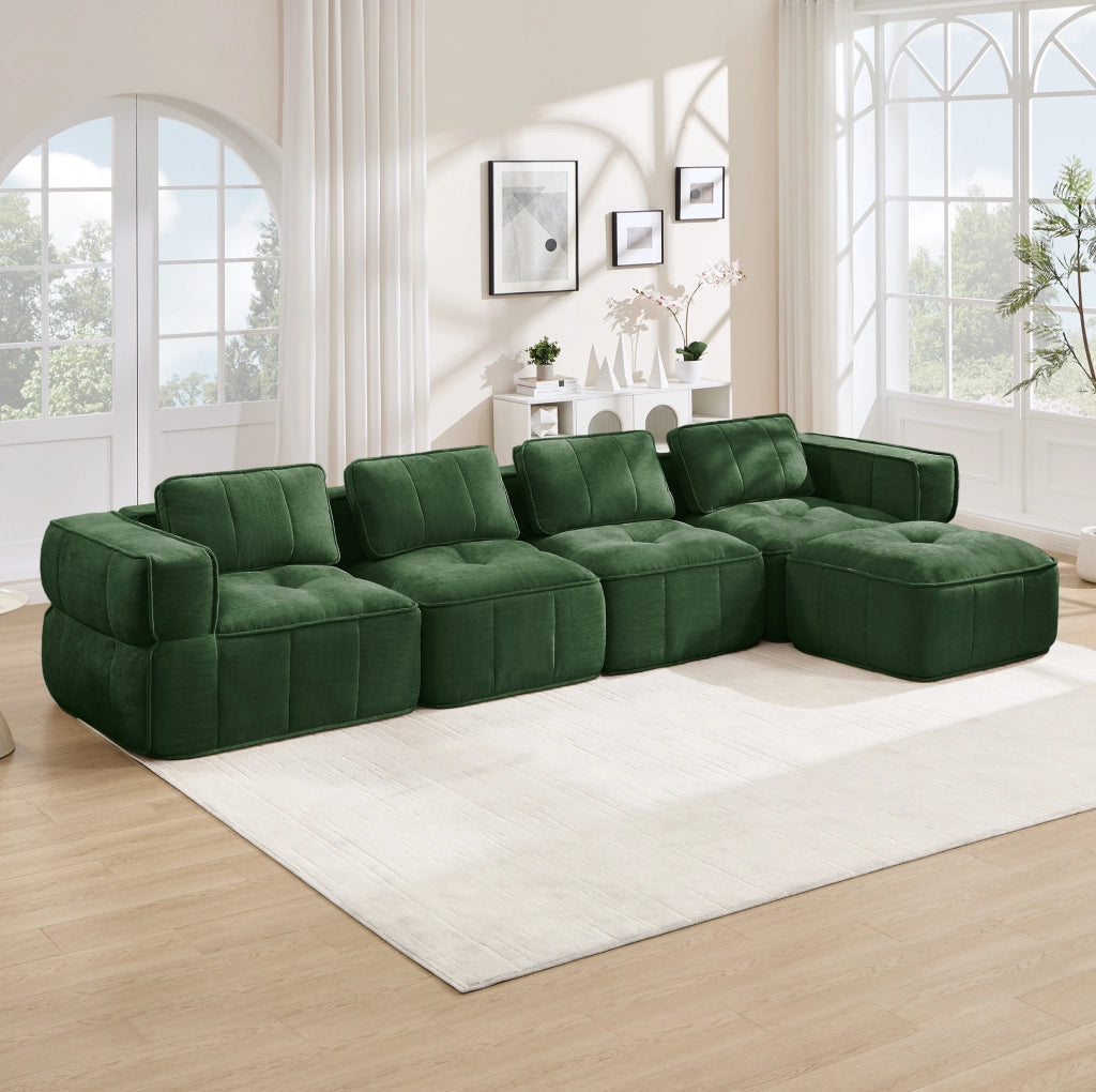 Divano modulare a L ULEVR 344x162 cm 4 posti con pouf, seduta profonda e braccioli larghi, verde