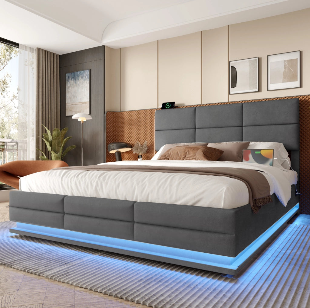Letto matrimoniale 160x200 cm in velluto grigio con LED e USB