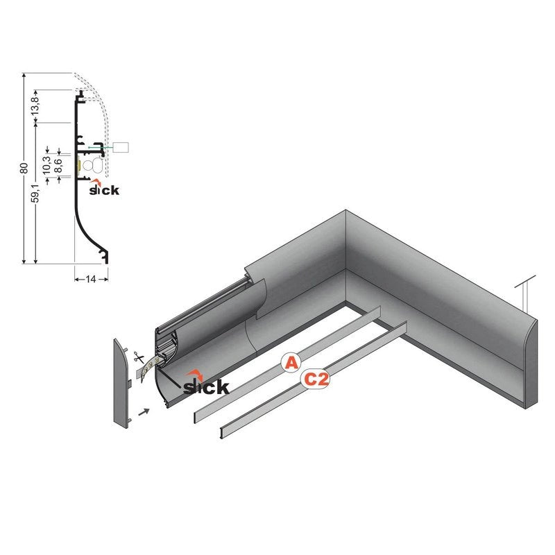 Kit Terminali Tappi di Chiusura In Plastica Silver Per Profilato Alluminio Battiscopa BAZ8014M3