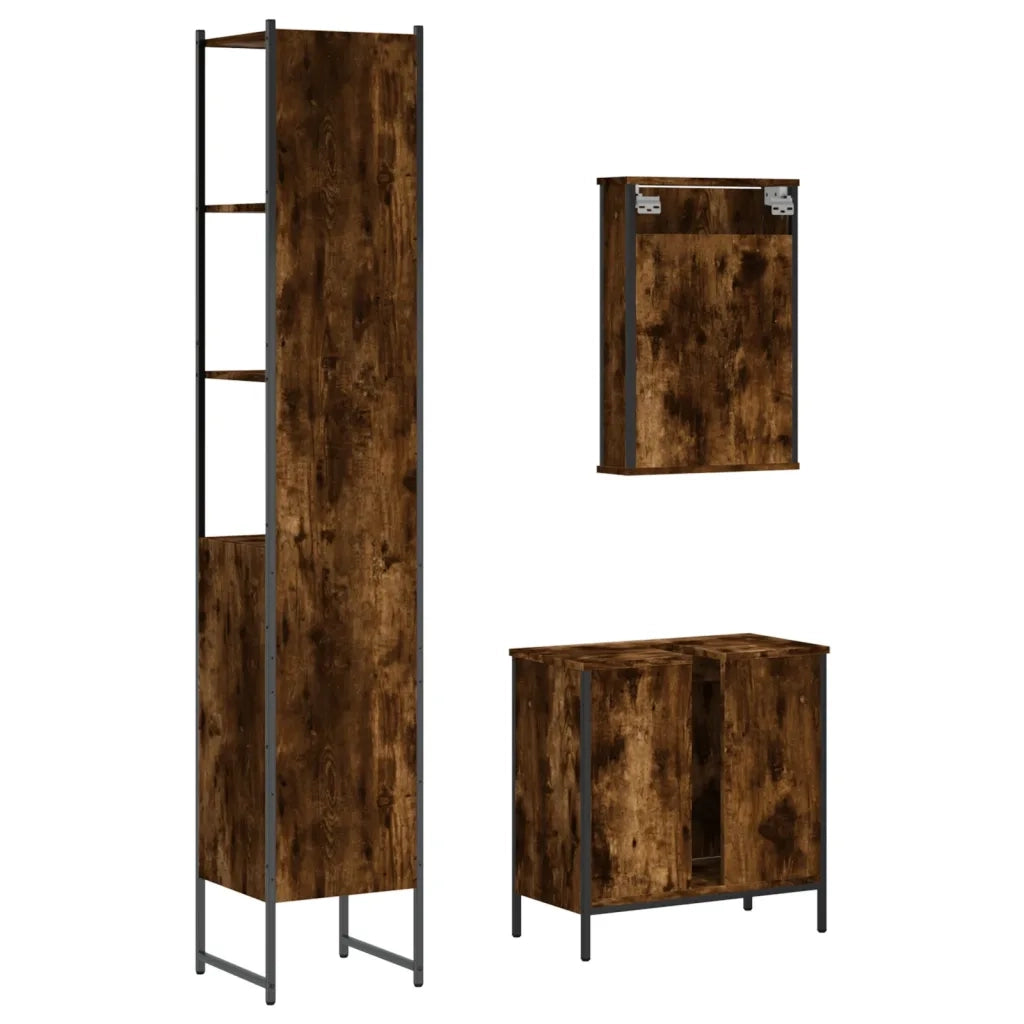 Set Mobili da Bagno | Armadio da bagno 3 pz Rovere Fumo in Legno Multistrato