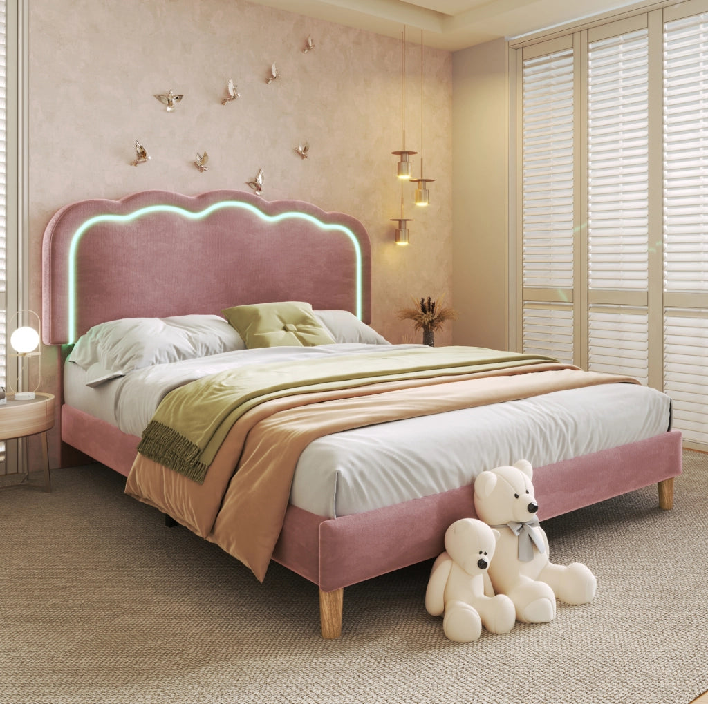 Letto 140 x 200 cm con LED e testiera regolabile in velluto rosa