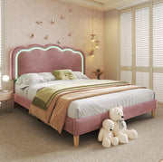 Letto 140 x 200 cm con LED e testiera regolabile in velluto rosa