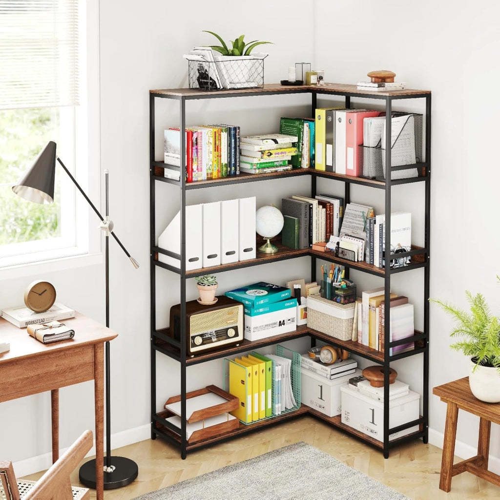 Scaffale multifunzionale a 5 livelli, libreria a forma di L con struttura in metallo resistente, ripiani aperti con bordi rialzati, 110 x 89 x 180 cm, per soggiorno, ufficio