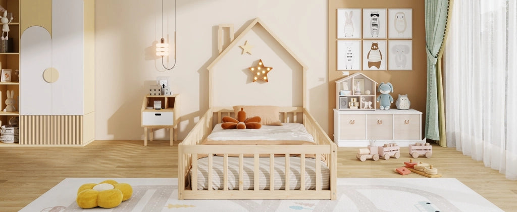 DESMIU Letto per bambini 1 posto con barriera di sicurezza e design a camino, 90 × 200 cm, senza materasso