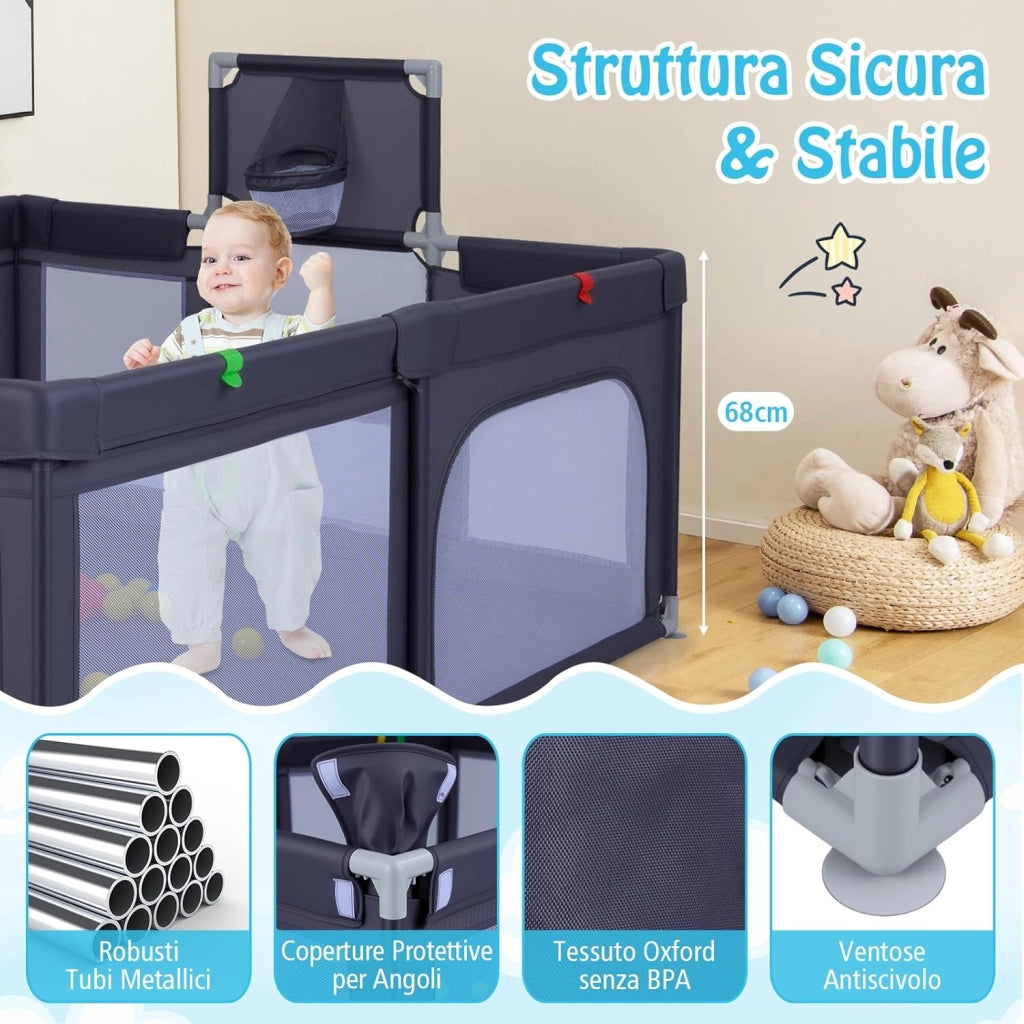 Box Neonati 210 x 150 cm, Recinto Bambini Pieghevole con Canestro da Basket e 2 Porte da Calcio, Parco Giochi con 50 Palline, 4 Anelli e Borsa Trasporto, per Bambini 0-3 Anni (Grigio Scuro)