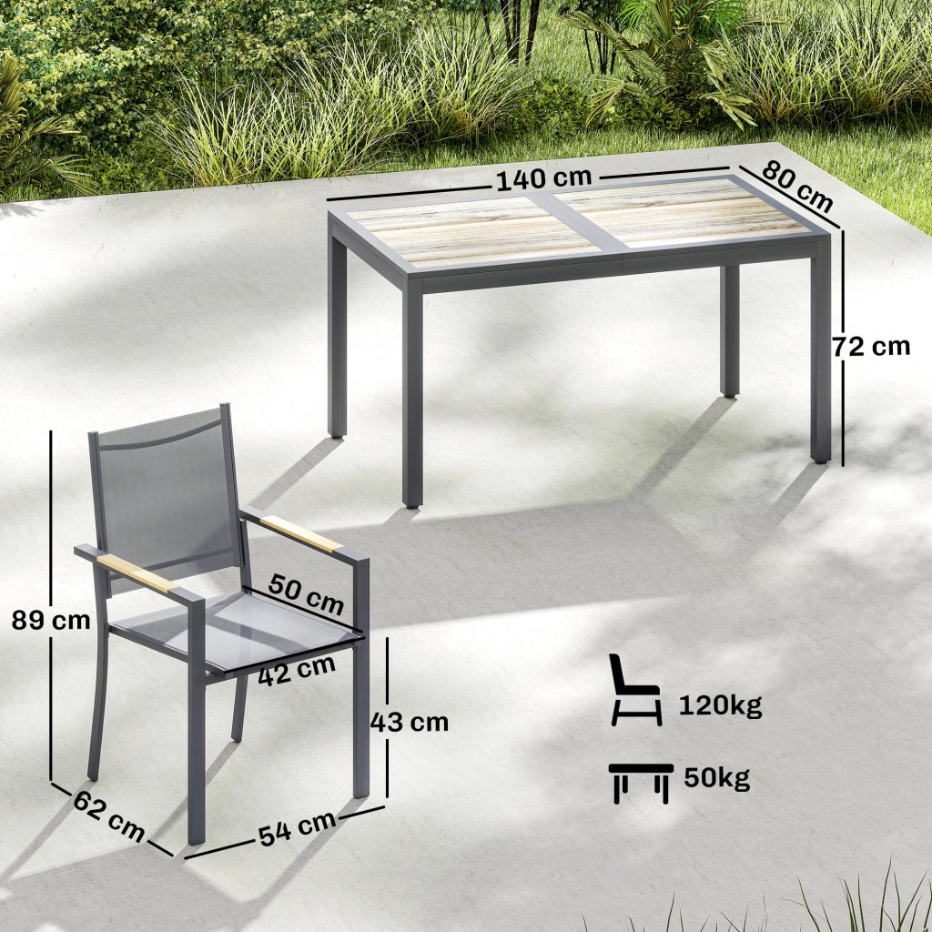 Set Tavolo da Pranzo 7 Pezzi - Xylo - Effetto Legno 6 Sedie Impilabili Textilene Grigio Giardino 140x80x72cm