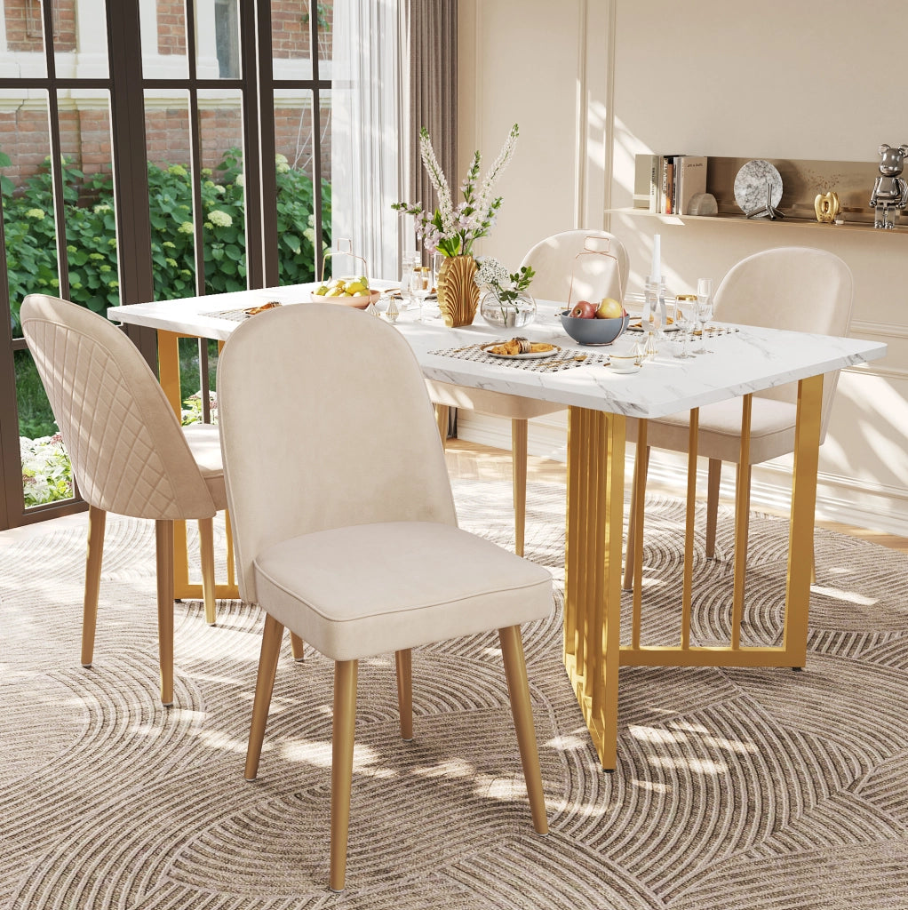 Sedia da pranzo in velluto beige con gambe dorate