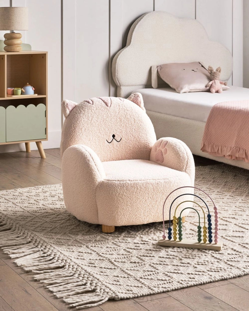 Poltrona per bambini Bouclé Gatto Bianco Sporco Tappezzeria Sedia bassa per bambini Forma