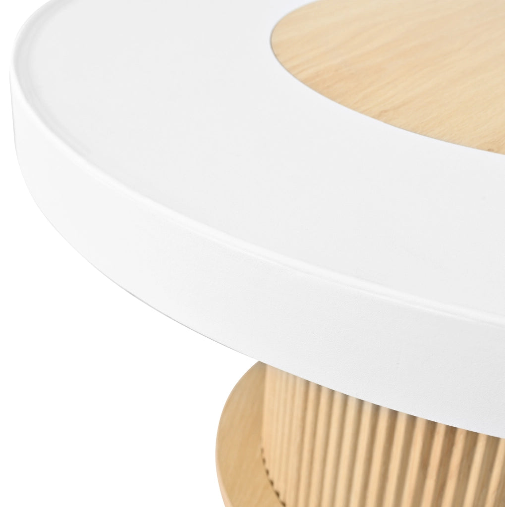 Tavolino da caffè 75x75x39 cm con piano rotondo bicolore e base cilindrica scanalata in MDF e PVC naturale e bianco