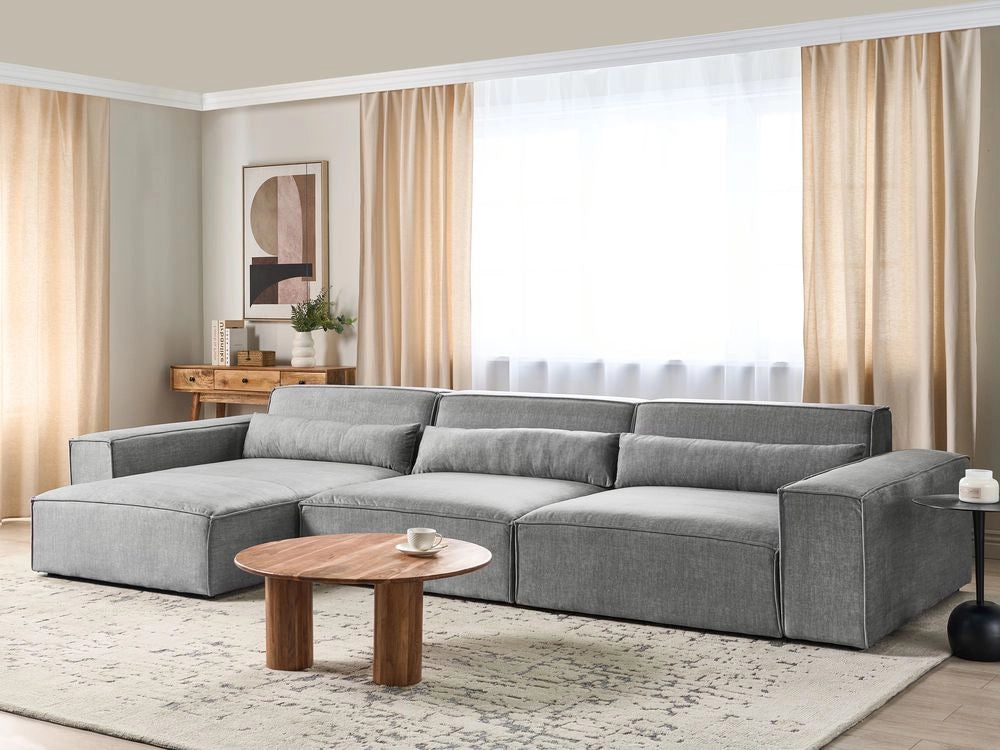 Divano angolare modulare a 3 posti a destro Divano componibile in tessuto grigio con gambe nere Soggiorno moderno