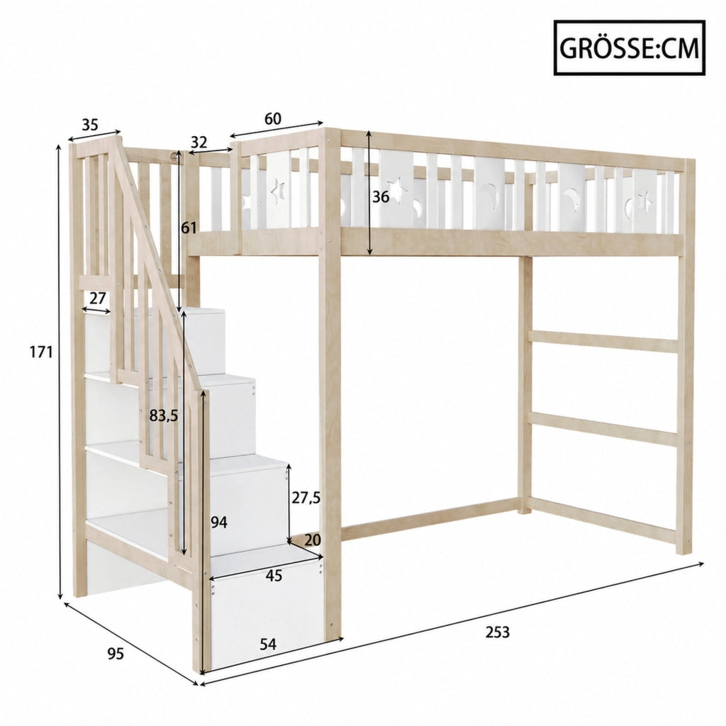 Letto a soppalco per bambini 90 × 200 cm con scala e ripiani in legno bianco e color legno
