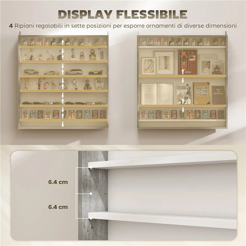 BACHECA PORTAOGGETTI A 5 RIPIANI REGOLABILI IN LEGNO CON ANTE IN VETRO, 80X9.5X83 CM, BIANCO E GRIGIO