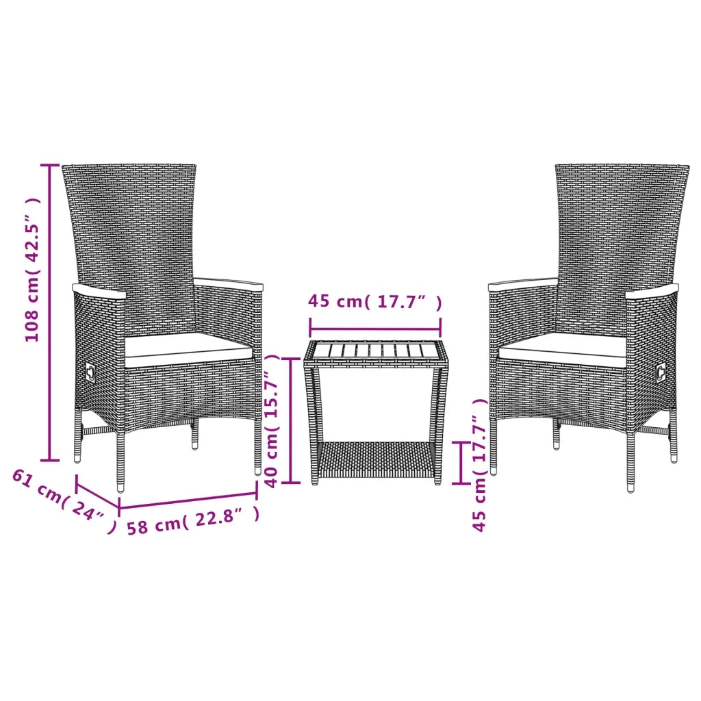 Set da Pranzo da Giardino 3 pz | Set Salotto da Giardino con Cuscini Nero in Polyrattan