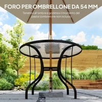 Tavolino da Giardino Rotondo con Foro per Ombrellone, in Metallo e Vetro Temperato, Ø96.5x71 cm, Nero