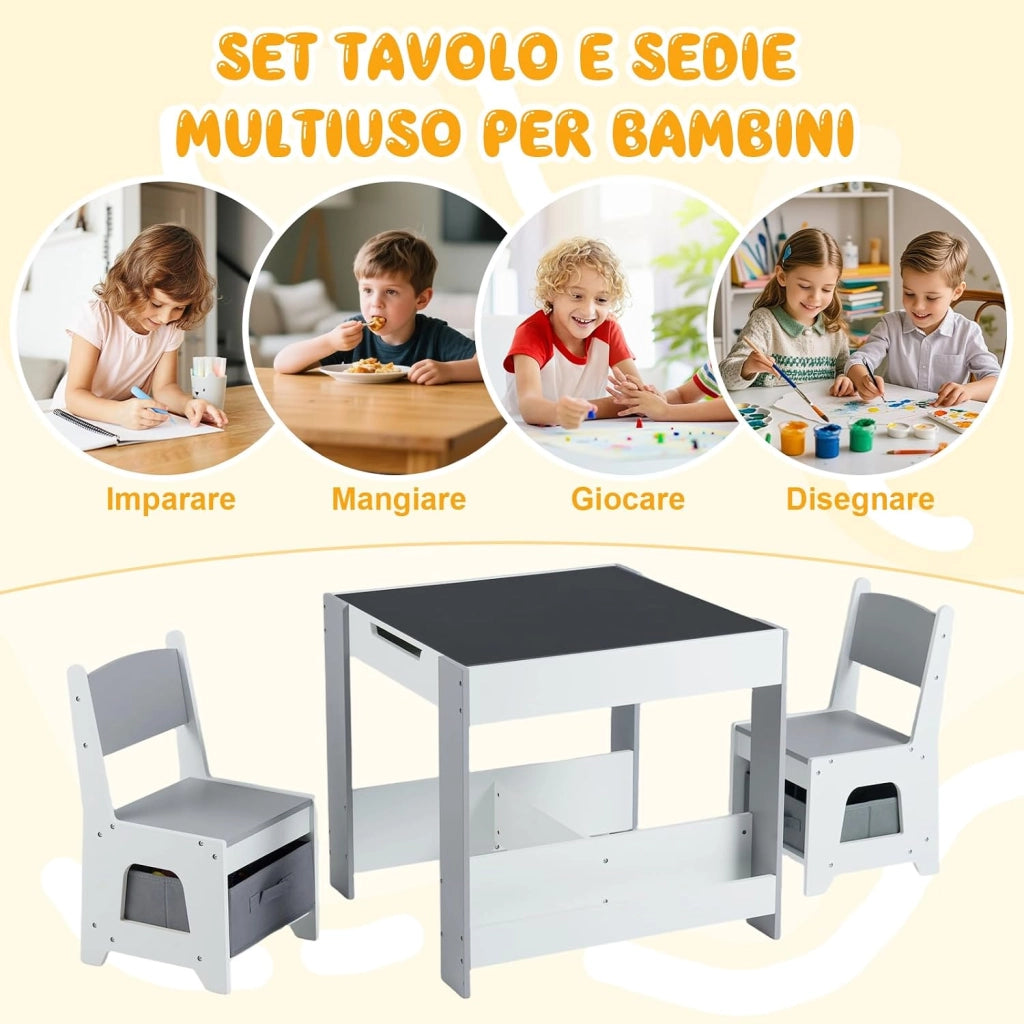 4 in 1 Set Tavolo e Sedie per Bambini 3+ Anni, Tavolo e Sedie con Piano Reversibile, Scaffali e Cassetti, Ideale per Disegno, Lettura e Studio (Grigio, Stile 3)