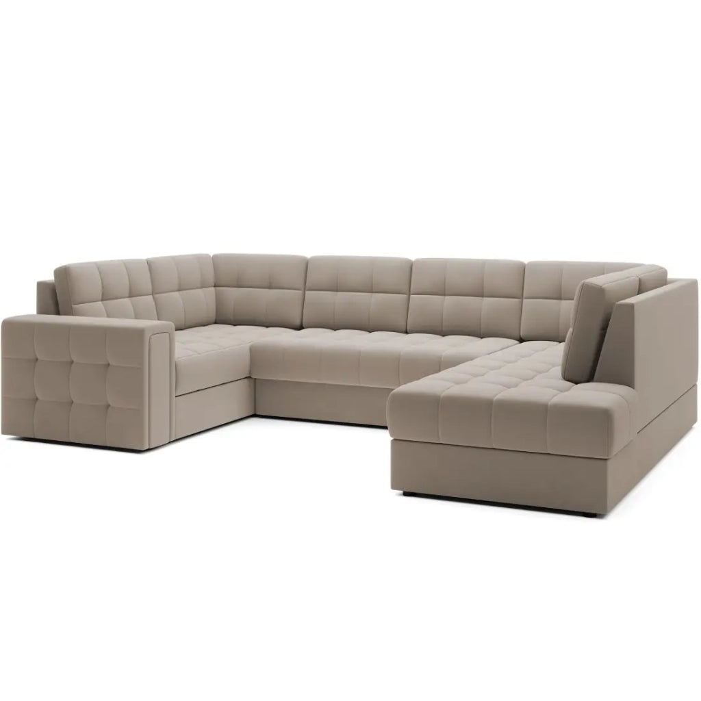 Divano ad angolo trasformabile MONTEZA beige 299 cm con vano contenitore e letto