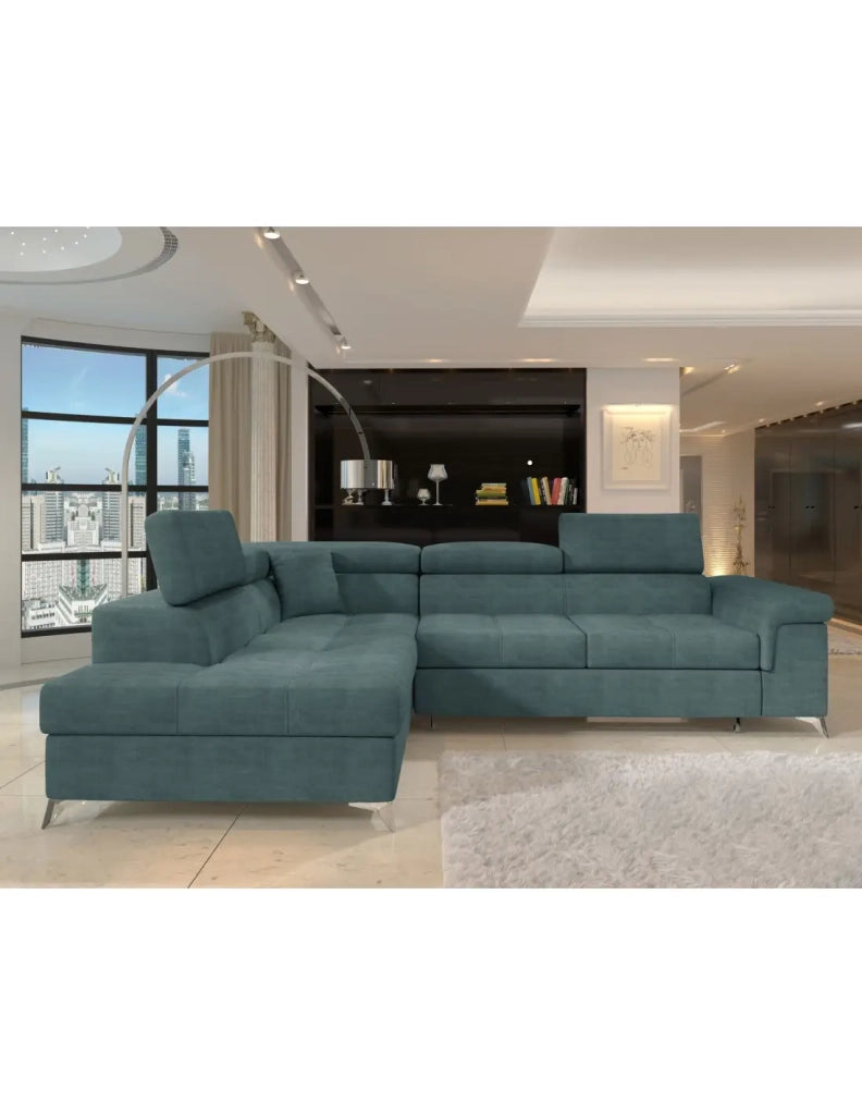 Divano angolare convertibile PALAZZO 4 posti verde blu – angolo sinistro con contenitore
