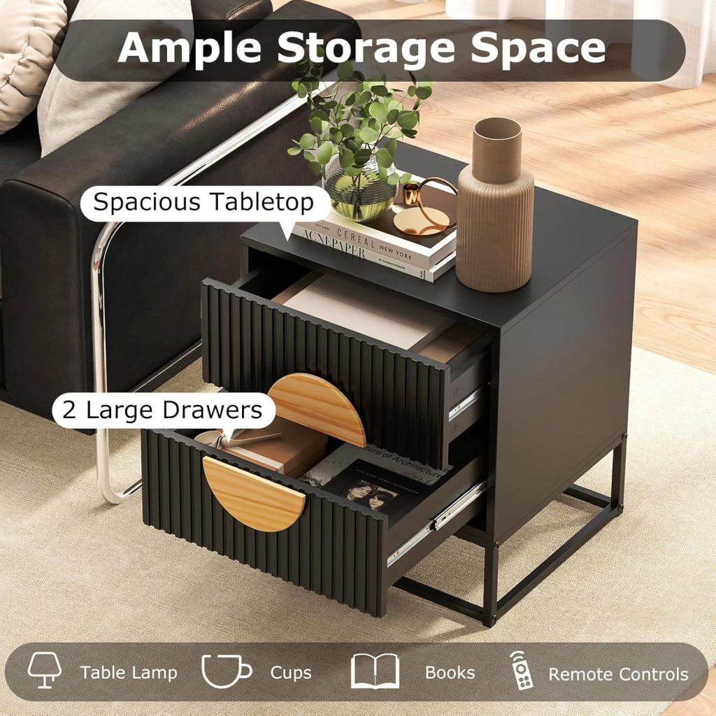 Comodino, tavolino con 2 cassetti, comodino in legno, comodino con telaio in metallo, console da notte, moderna, con vano portaoggetti, per soggiorno, camera da letto, 48 x 40 x 55 cm