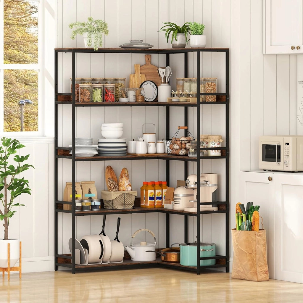 Libreria ad Angolo 180 cm, Libreria a 5 Ripiani a Forma di L con Struttura in Metallo, Scaffale Espositivo Aperto Industriale per Soggiorno Studio Ufficio e Casa, 110 x 89 x 180 cm