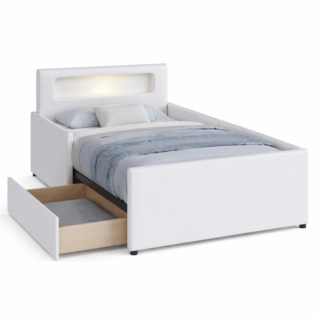 Letto imbottito per bambini 90x200 cm con luce LED; porta USB e cassetti; bianco