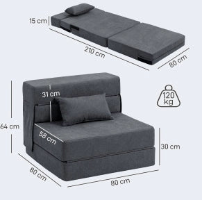 Poltrona letto pieghevole 3 in 1 grigio scuro con cuscino
