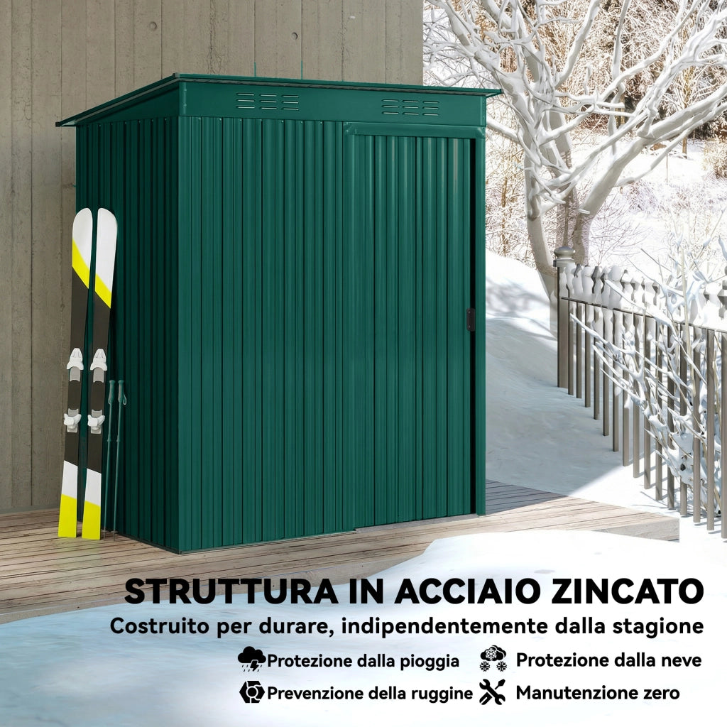 Casetta da Giardino in Metallo con Prese d'Aria e Porta Scorrevole, 159x106x181 cm, Verde