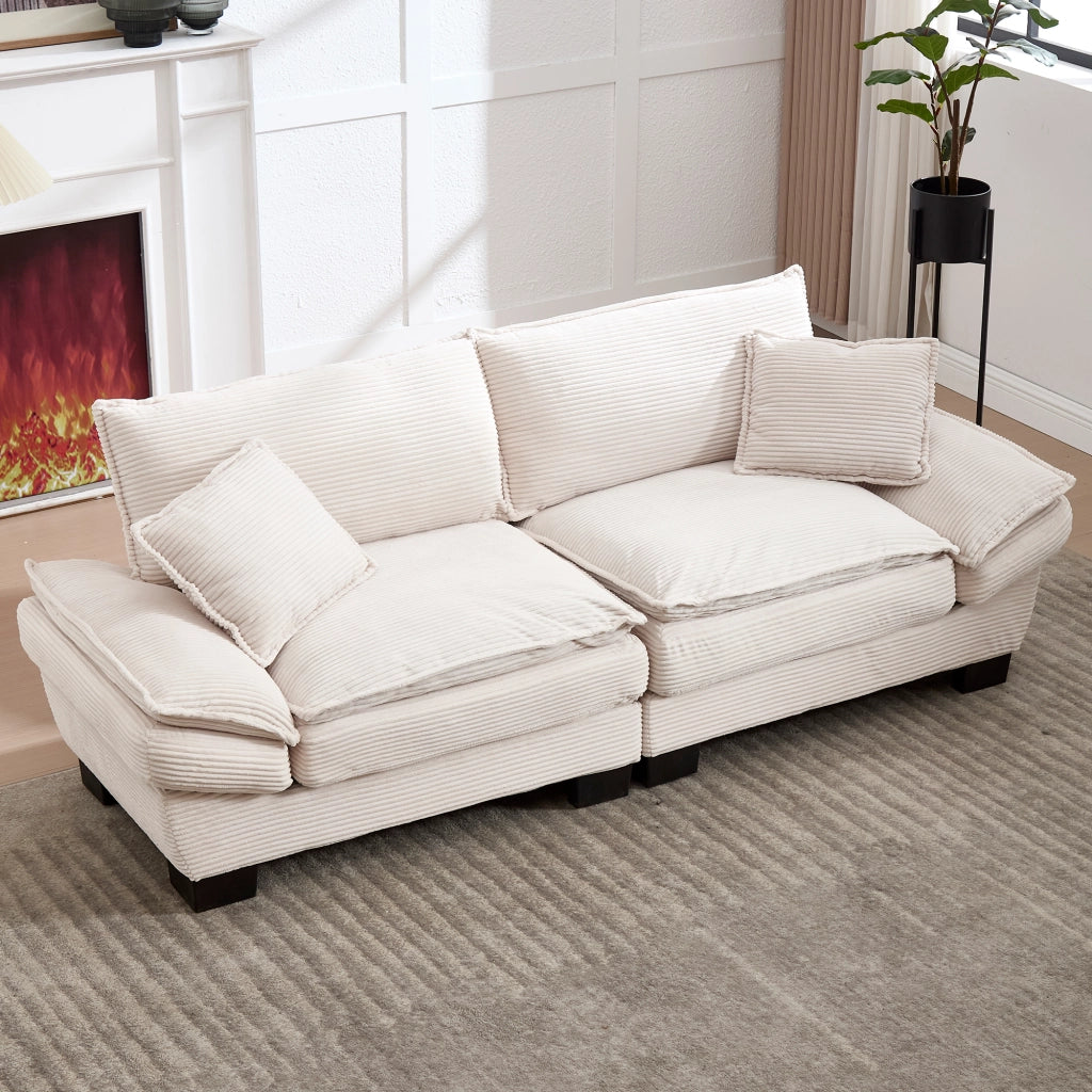 OKWISH Divano Lineare 2 Posti con Seduta Ultra Profonda, Braccioli Imbottiti e 2 Cuscini, Velluto Beige