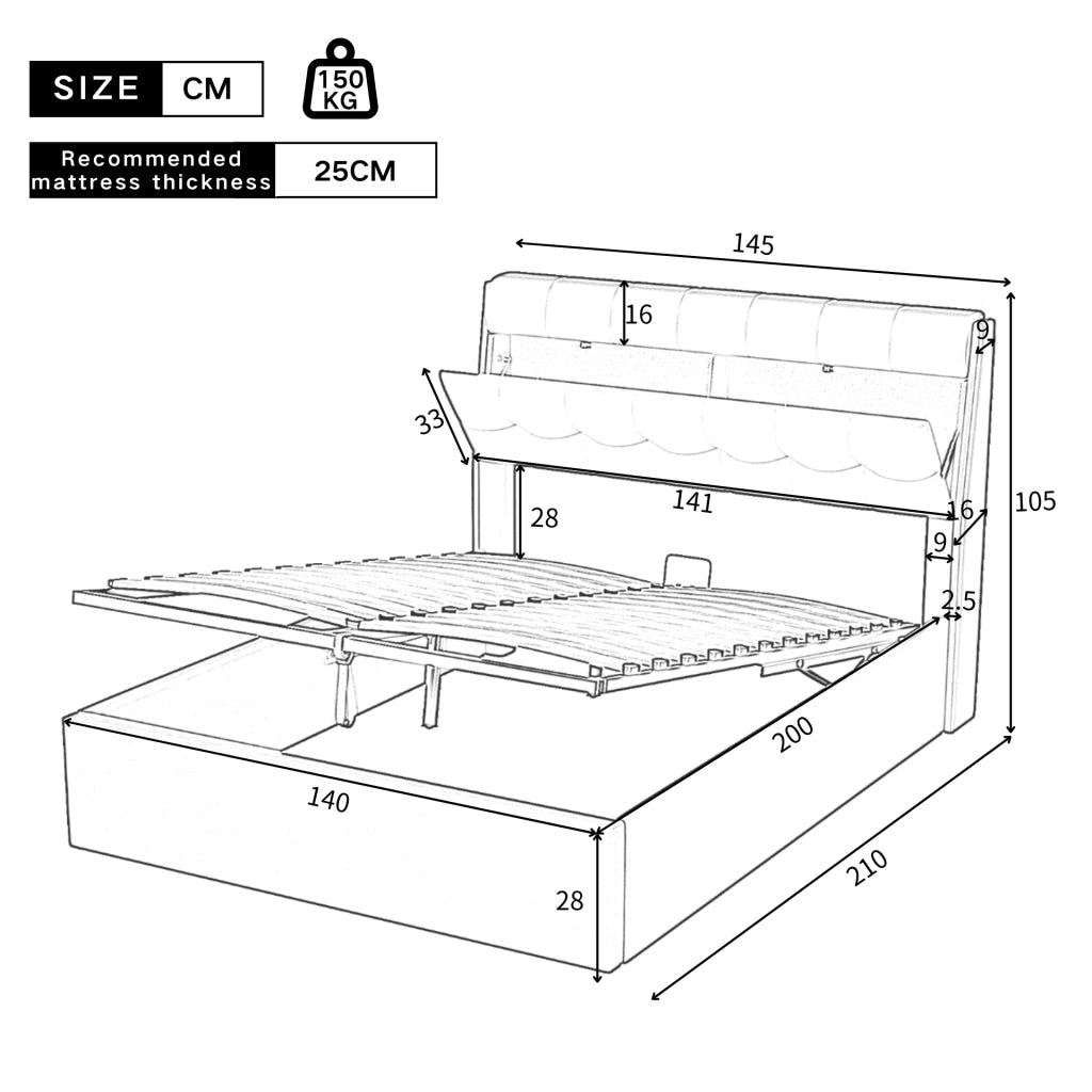 Letto Contenitore 140 x 200 cm; Letto Matrimoniale con Vano Nascosto e Sollevamento Idraulico; senza Materasso; PU Bianco