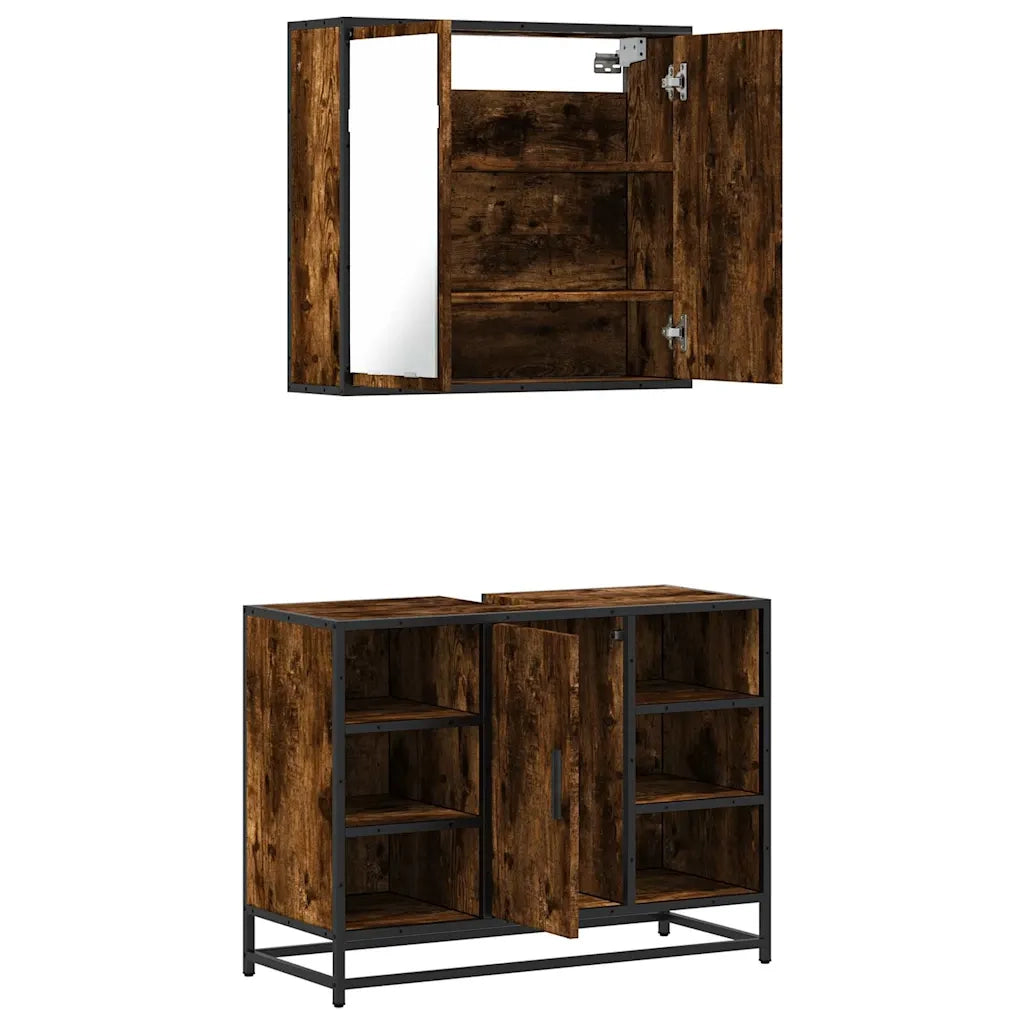 Set Mobili da Bagno 2 pz Rovere Fumo in Legno Multistrato