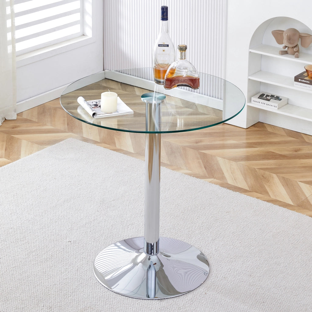 Tavolo Bar Rotondo con Piano in Vetro Trasparente e Base in Metallo Argento per Cucina; Bar e Caffè 89×92 cm