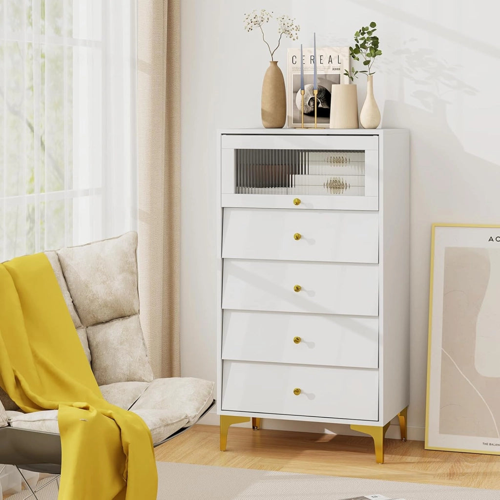 Cassettiera Camera da Letto con 4 Cassetti, Comodino Salvaspazio con Scomparto con Vetrina Ribaltabile, Mobile per Soggiorno Ingeresso e Studio, 60 x 40 x 112,5 cm, Bianco