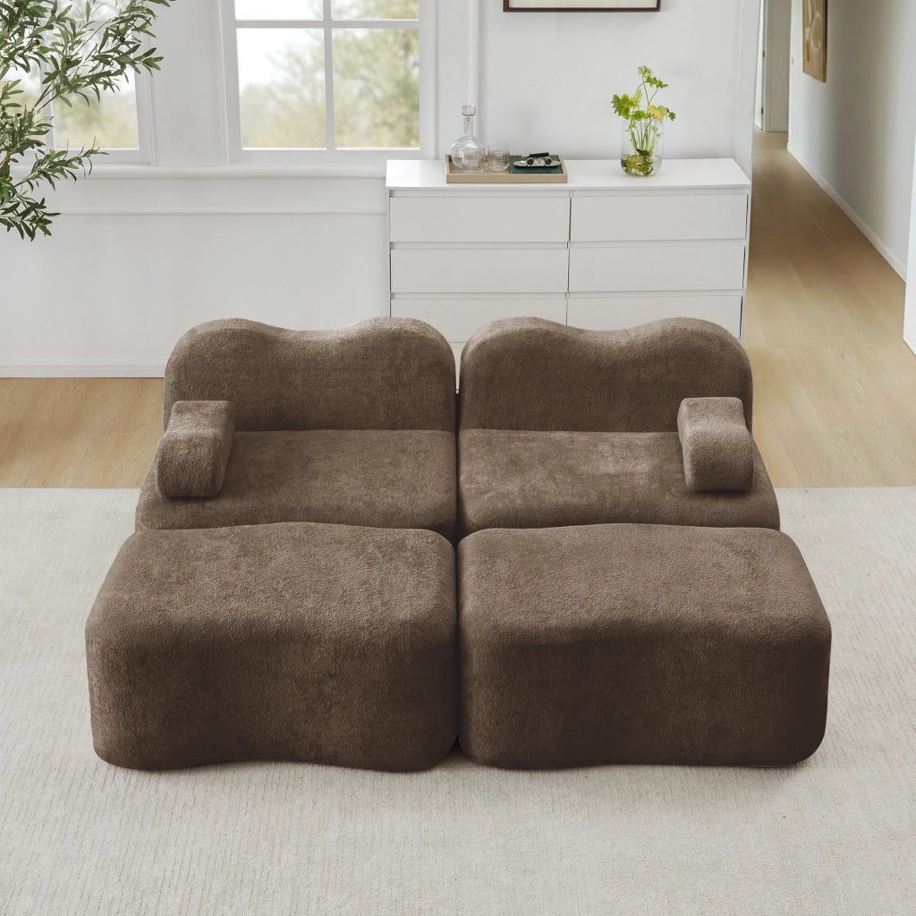 Divano Modulare 2 Posti con 2 Ottoman ¨C MINIMAL ¨C Tessuto Marrone, Braccioli Mobili
