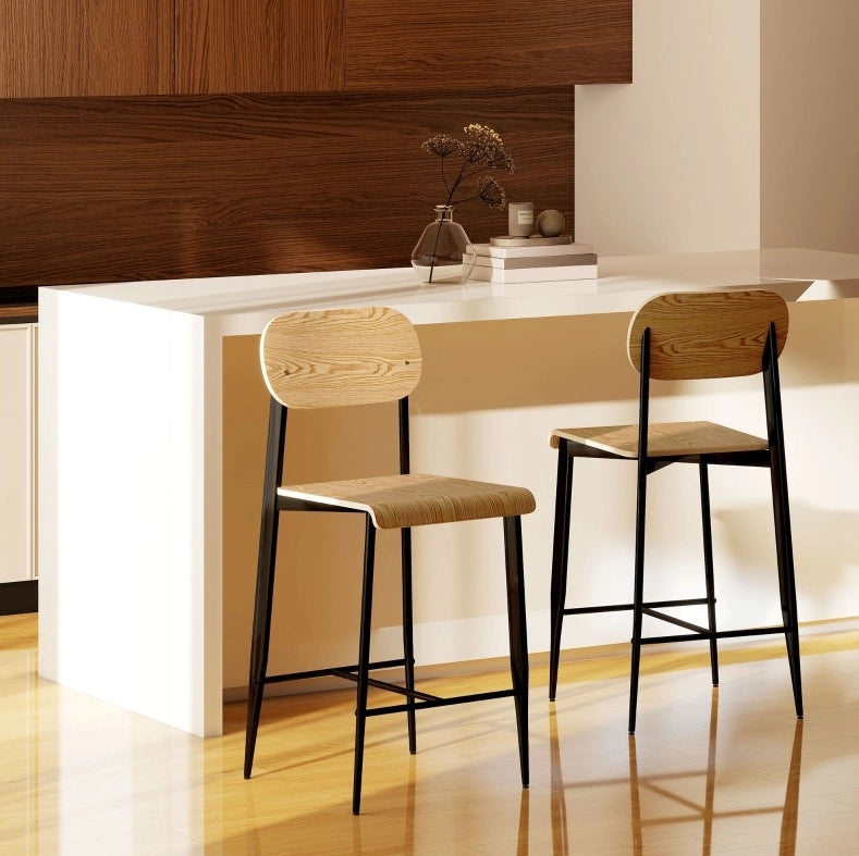 Set di 2 sgabelli da bar nero e legno, altezza seduta 66 cm con schienale