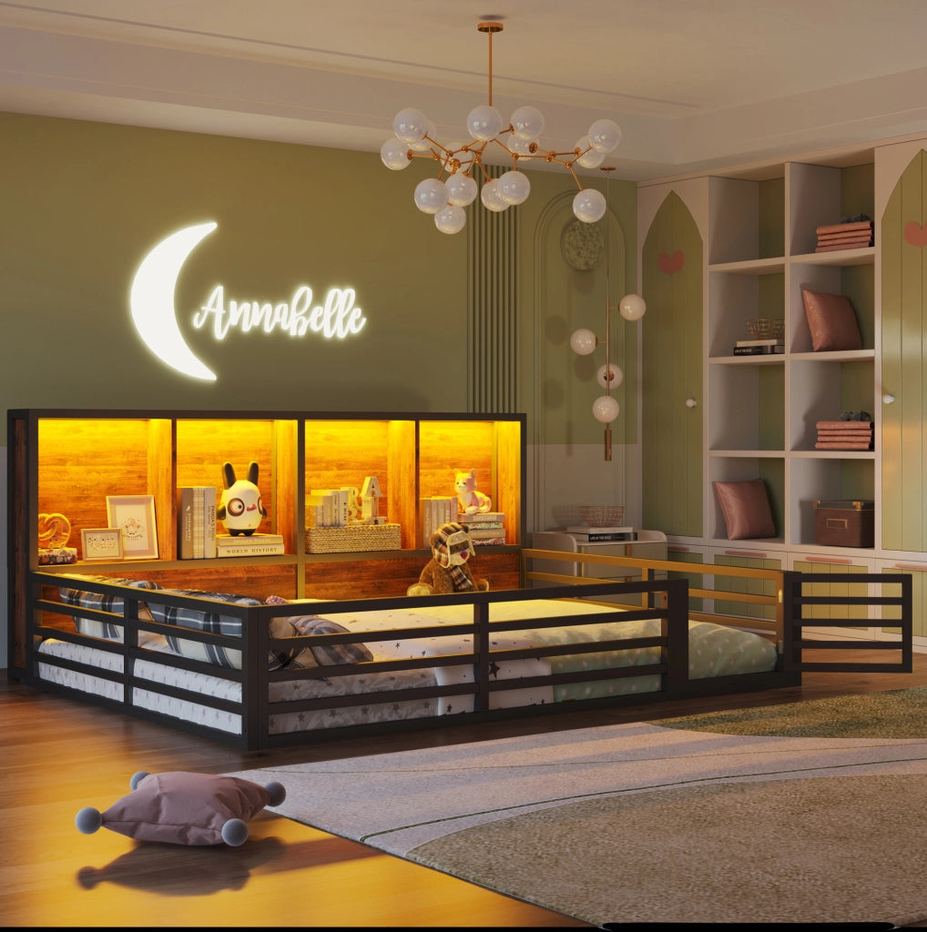 Letto a piattaforma 140x200 cm con LED e vani laterali