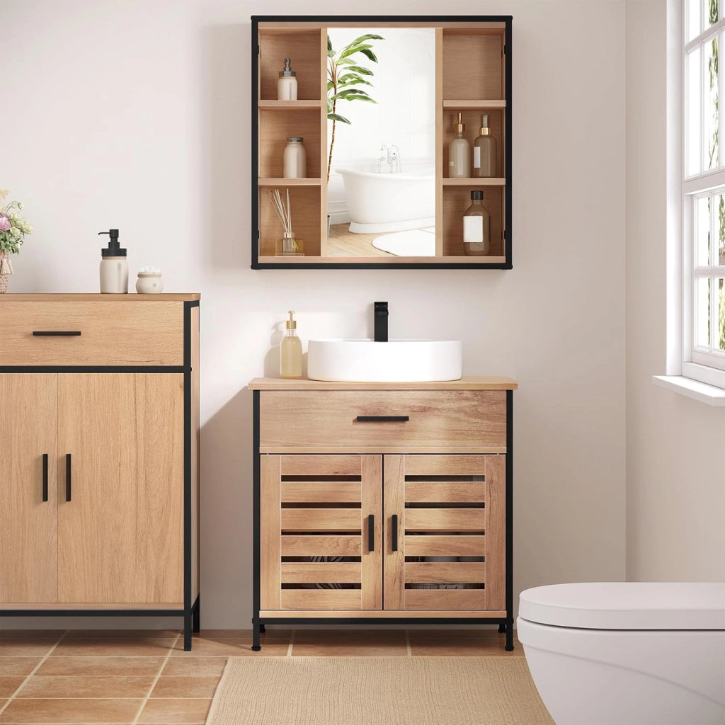 Mobiletto, Mobile Lavabo, Mobile Bagno, con 1 Cassetto Grande, 2 Ante a Ribalta, Ripiano Regolabile, MDF, 60x30x60cm, Rovere Chiaro