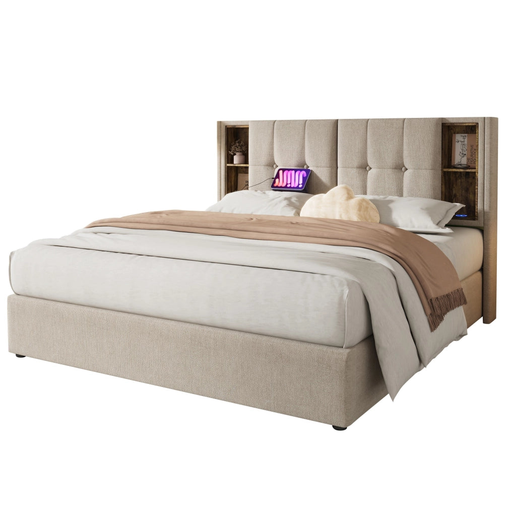OKWISH Letto Contenitore 160×200 cm, Letto Matrimoniale con Ricarica Wireless, USB, Tipo C e Mensole, senza Materasso, in Lino, Naturale