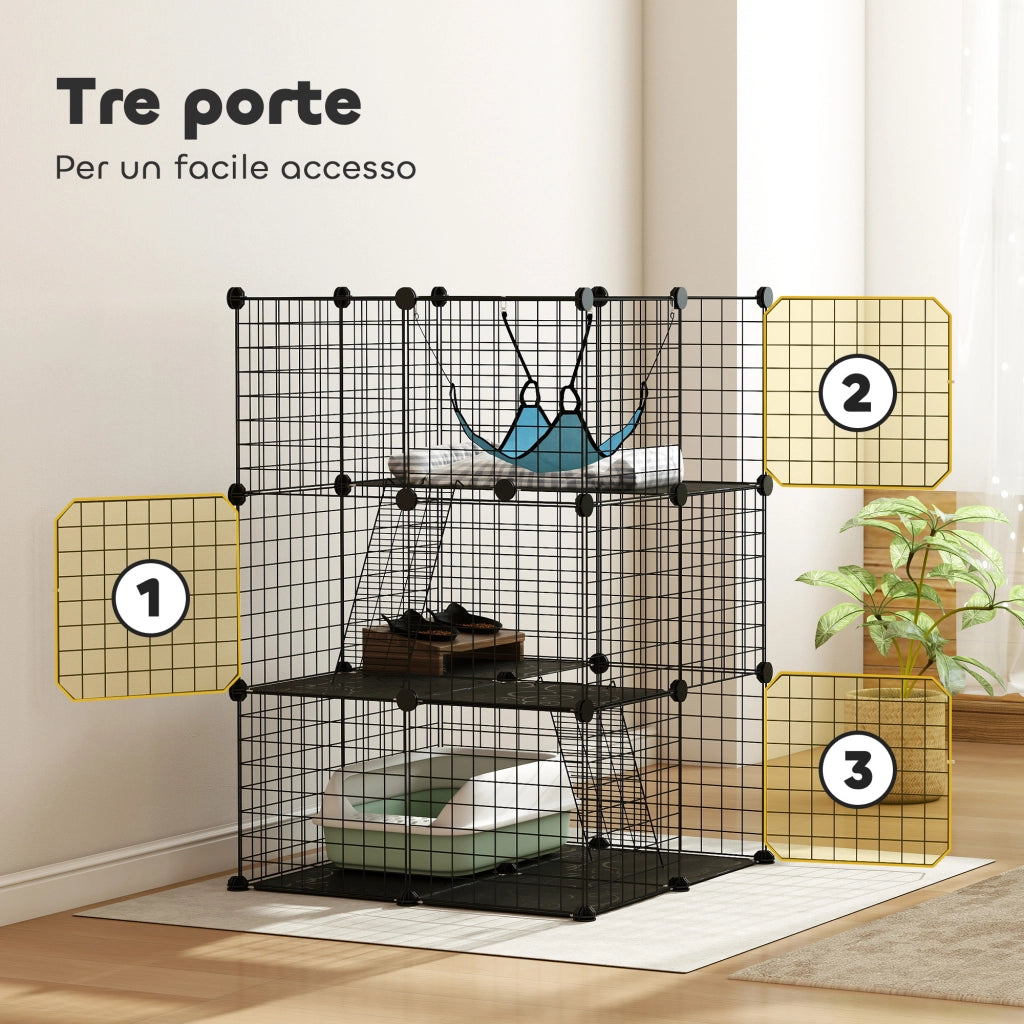 Gabbia per Gatti Recinto Personalizzabile 3 Livelli, 105cm, Nero