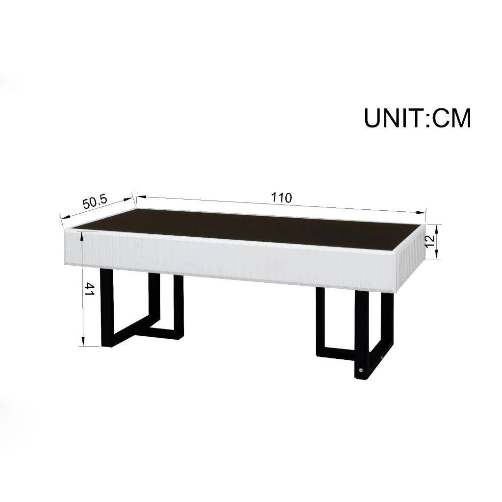 OKWISH Tavolino da Caffè Rettangolare con Piano Lucido e Gambe Metallo per Soggiorno, MDF, Nero e Bianco, 110 x 50.5 x 41 cm