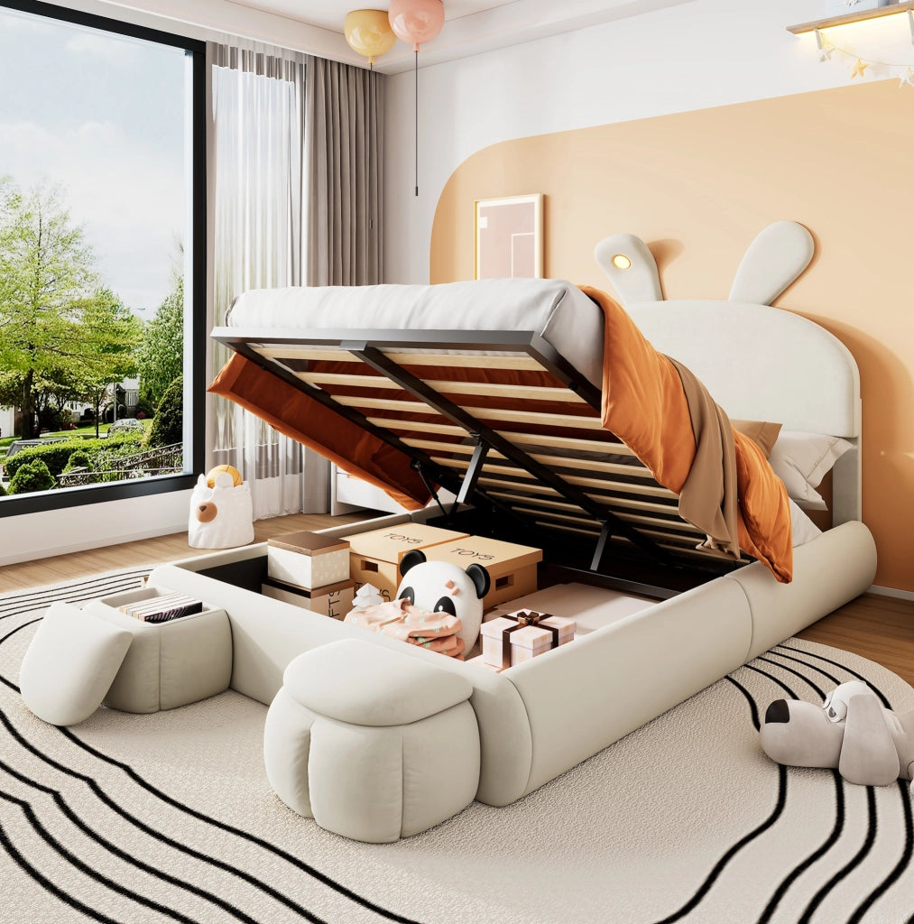 Letto imbottito con LED e contenitore beige 140x200 cm