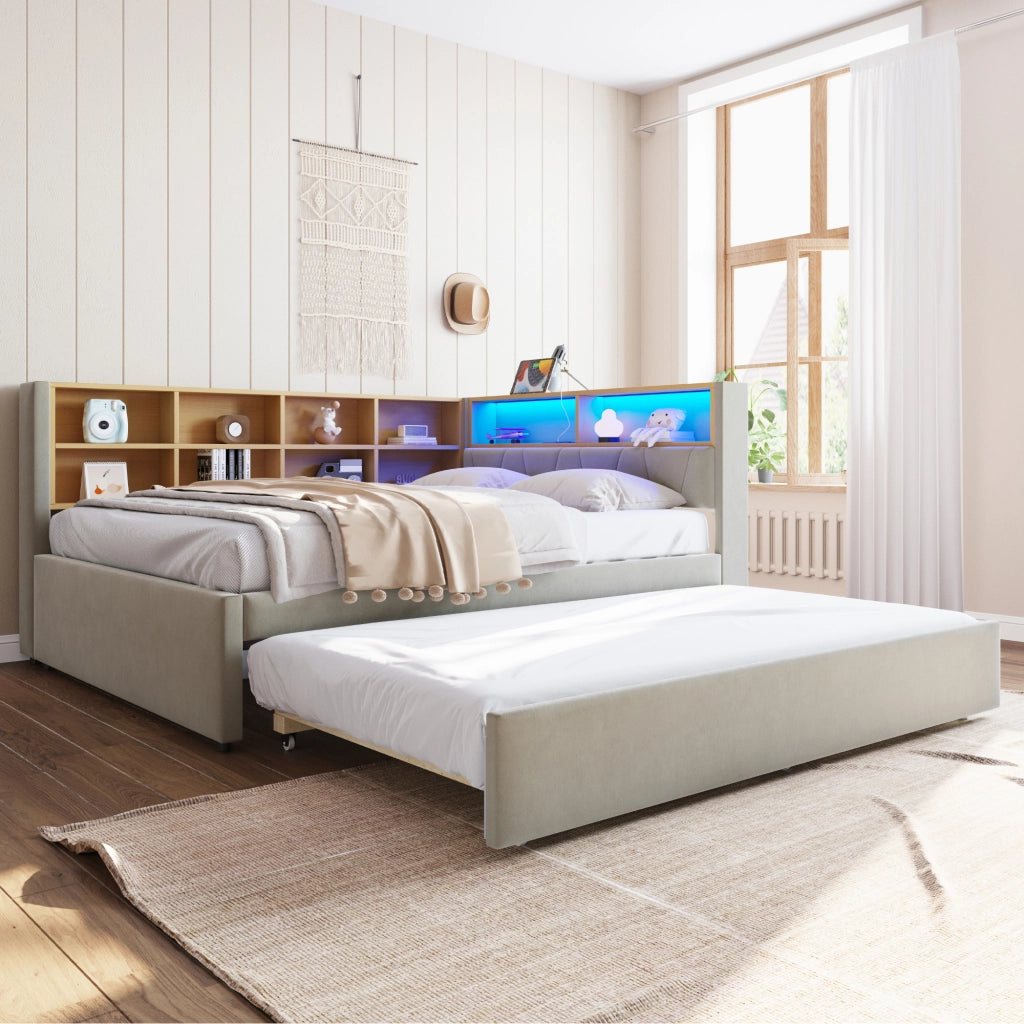 Divano letto con letto estraibile 140x200 cm, LED, USB e vani contenitore, flanella grigio chiaro
