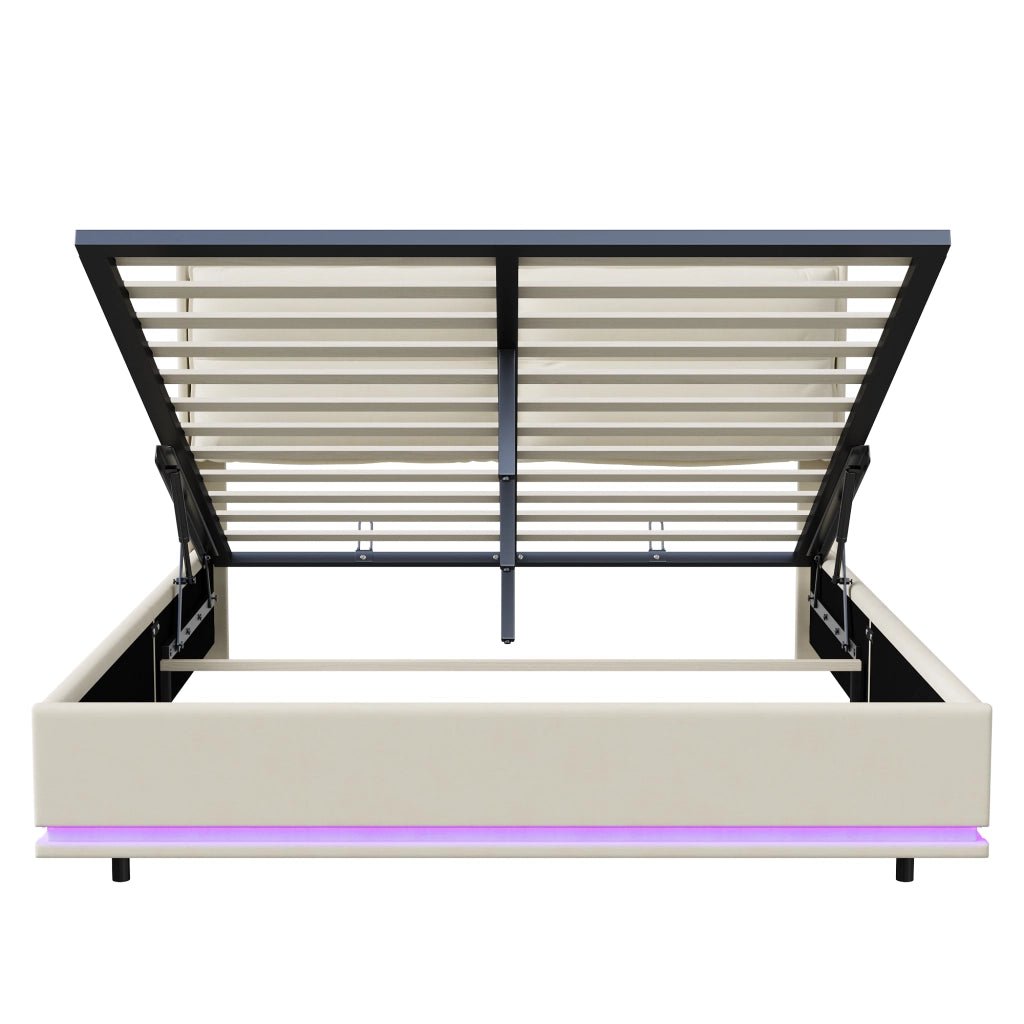 Letto contenitore 140x200 cm velluto beige, testiera imbottita, ricarica wireless, USB‑C e USB, luci RGB‑LED con telecomando, meccanismo idraulico