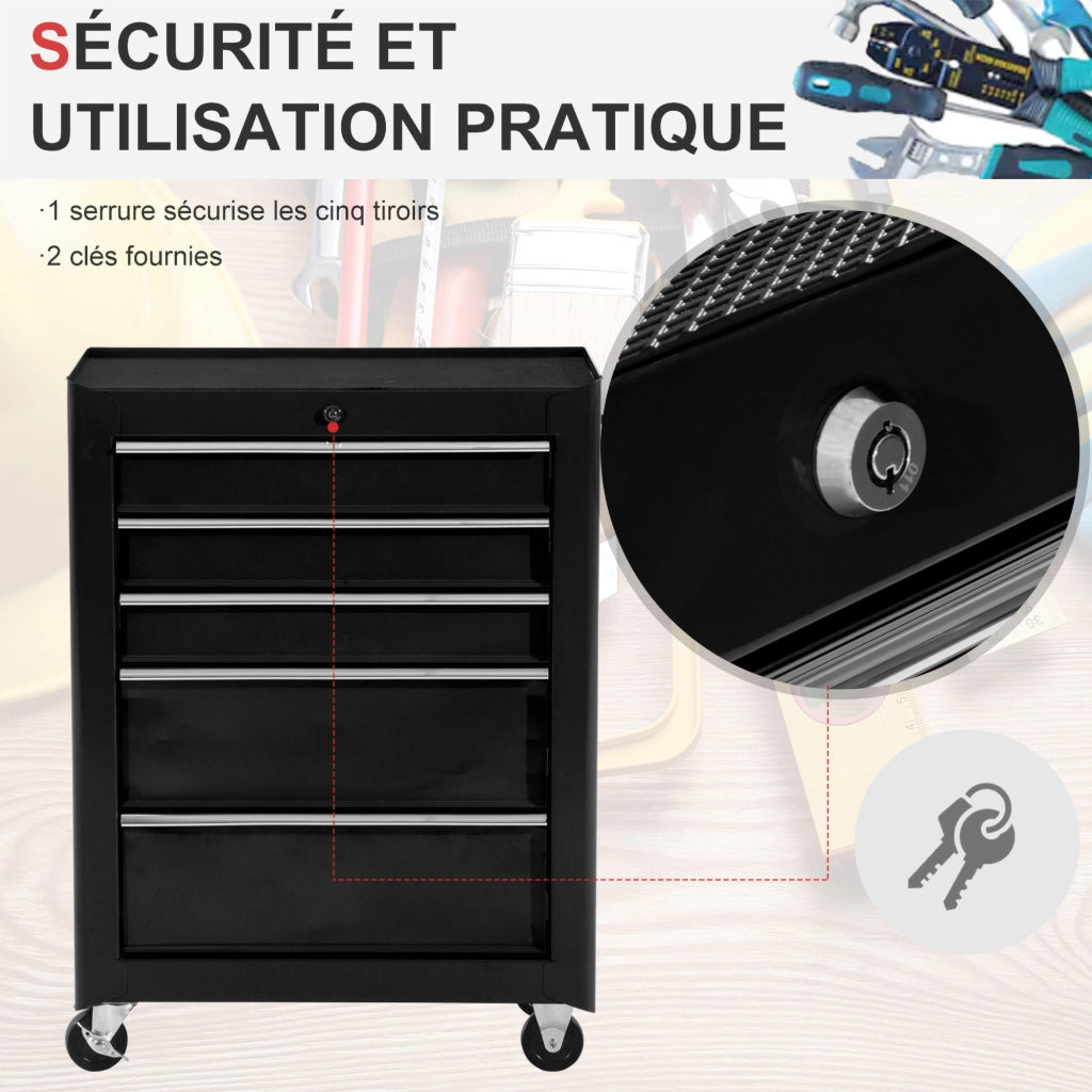 Carrello per attrezzi con ruote ¨C zephmum ¨C 5 cassetti, serratura, 61.5x33x82.5 cm, nero