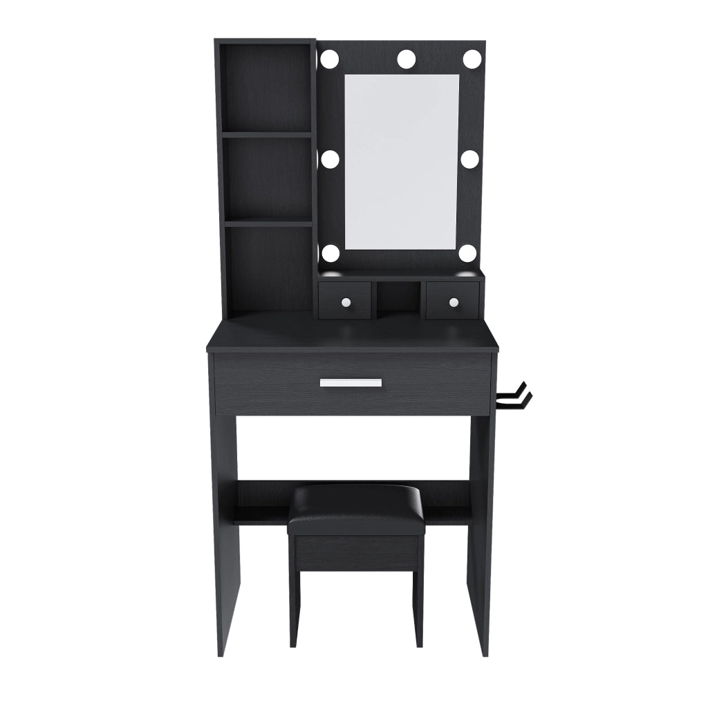 Tavolo da trucco con specchio LED regolabile, presa, porta-asciugacapelli e sgabello, nero