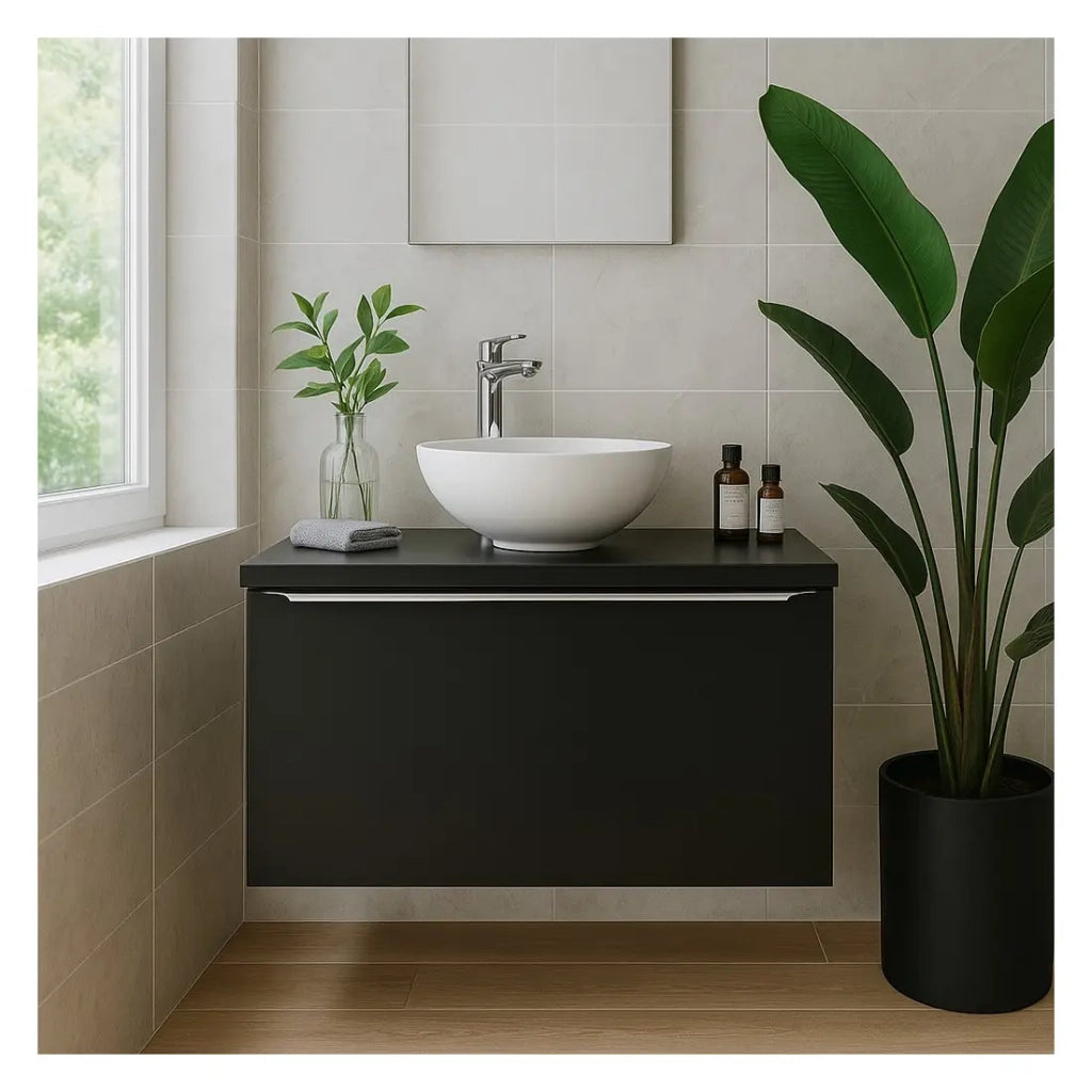 Set da bagno VANTA: mobile sotto lavabo 60cm + piano per lavabo + 1 lavabo bianco da appoggio